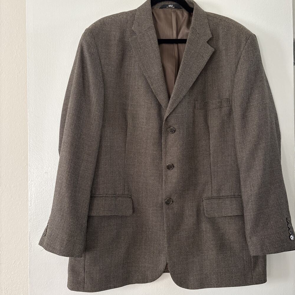 Haggar Collection Brown Houndstooth 3 Button Blazer Jacket Mens 44R Sport Coat